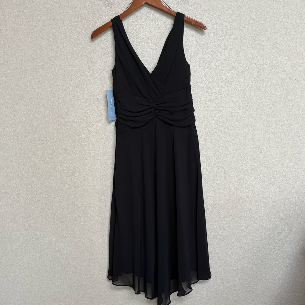 NWT London Times Black Sleeveless Ruched Waist Chiffon Midi Dress Size 6